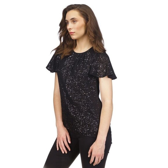 Michael Kors Women's Sequin Flutter-Sleeve Cocktail Holidays Blouse Top Petite M - Picture 5 of 10